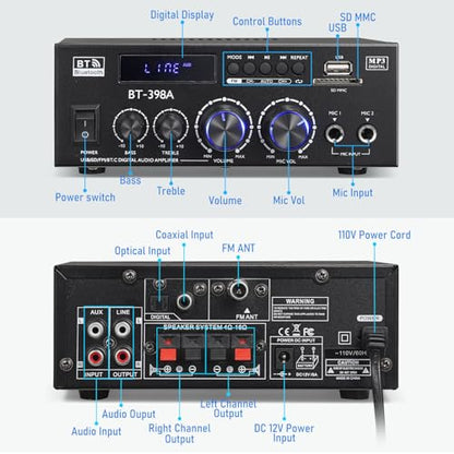 Facmogu BT-398A 스테레오 디지털 오디오 앰프, 최대 450Wx2 HiFi 사운드 오디오 파워 앰프 시스템, 홈 시어터 차고용 2.0 채널 수신기 앰프, 섬유/구리 잭 포함, USB/SD/AUX/RCA/MIC in 에코 포함 - style: 최대 450Wx2