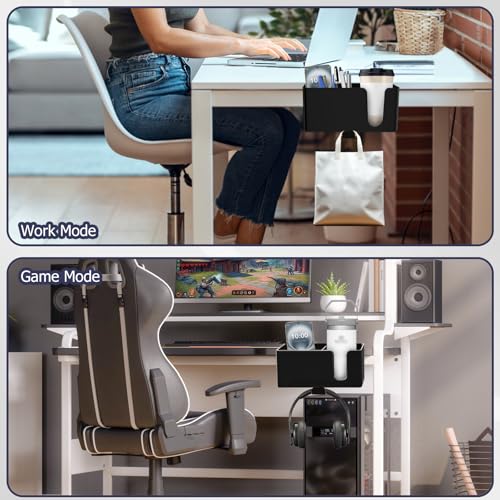 Yinqster 2/3/4 in 1 Desk Cup Holder and Headphone Hanger,Clip on Cup Holder with Rotating Headphone Stand & 2 Wire Holes,Detachable Side Desk Organization for Table,Office Accessories - size: 4 in 1 Medium