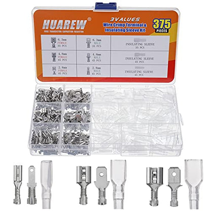 3 Values 375 Pcs 2.8/4.8/6.3mm Male and Female Wire Spade Connecto Crimp Terminal Insulating Sleeve Kit for Car Audio Speaker Electrical Wiring