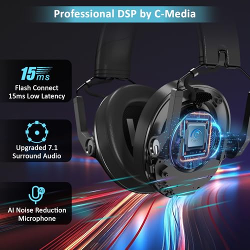 SENZER Wireless Gaming Headset with Microphone - 7.1 Surround Sound, Noise Canceling Mic, 2.4GHz Wireless & Bluetooth 5.3 - Foldable Gaming Headphones for PC PS5 PS4 (Not Xbox Compatible)