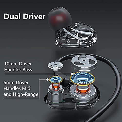 Dual Driver Wired Headphones 3.5mm Jack Earphones Plug in Ear Buds | Extra bass earbuds, wrap around over ear, hifi, microphone, hook, sport, running, aux, braided cable, noise isolation, cord