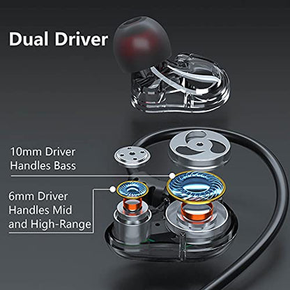 Dual Driver Wired Headphones 3.5mm Jack Earphones Plug in Ear Buds | Extra bass earbuds, wrap around over ear, hifi, microphone, hook, sport, running, aux, braided cable, noise isolation, cord