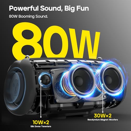 Tribit StormBox Lava Bluetooth Speaker, 80W Loud Sound, 24H Playtime, Black | IP67 Waterproof, BT5.4, XBass, Custom EQ, TWS Pairing, Portable, Wireless, Built-in Mic, Party, Home, Outdoor, Camping, Beach - color: Black