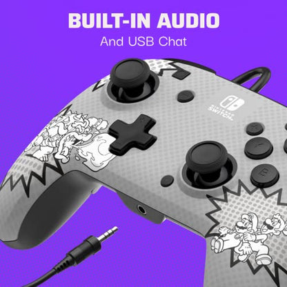 PDP REMATCH Enhanced Wired Power Nintendo Switch Pro Controller, Officially Licensed Switch Lite/OLED Compatible Gamepad, Customizable Programmable Buttons, Black & White (Bowser Luigi Mario Comic) - color: Mario Comic