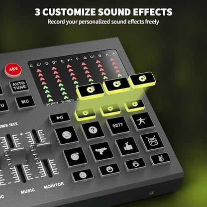 Podcast Equipment Bundle for 2, Audio Interface Mixer with Condenser Microphones, Noise Cancellation, Voice Change, 48V Phantom for Podcasting, Streaming, Recording, Gaming, TikTok, PC, Phone (V1)