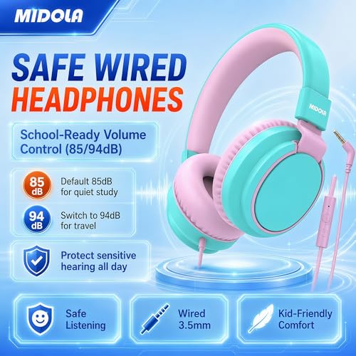 MIDOLA Kids Headphone Wired Volume Limited 85/94dB Over-Ear/On-Ear Foldable Headset with Microphone Hearing Protection Headphones for Toddler Boy Girl Child School Learning Pad Tablet Cyan | Adjustable Headband Foldable Over-Ear Lightweight for Toddler Gi
