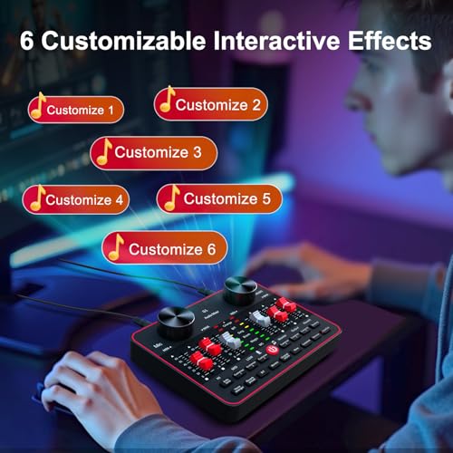 Audio Mixer, Sound Board for Pc/Phone Live Streaming Singing Gaming, Audio Interface for 3.5mm Microphone, Live Sound Card with DJ Mixer Effects & Voice Changer, Denoise, Bluetooth Podcast Mixer