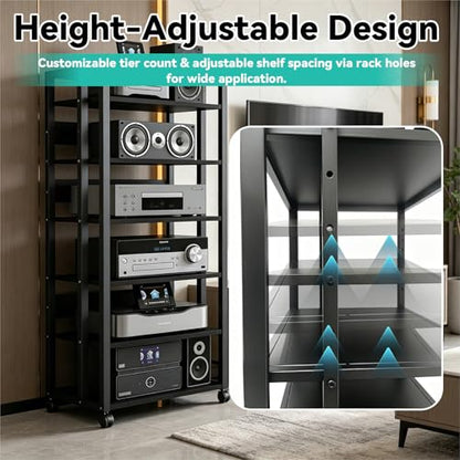 6-Tier AV Media Stand with Wheels, Audio Rack Cabinet | Heavy Duty Adjustable Metal Stereo Cabinet,Home Theater Component Cabinet for Record Player, DVD Player, Streaming Devices