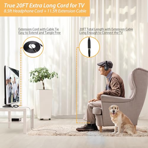 20Ft Extra Long Cord Headphones for TV with 3.5mm AUX, RCA & USB Connection | 3.5mm Wired TV Headphones with Inline Volume Control & Extension Cable, AUX, RCA & USB Input for Most TVs, Senior Friendly