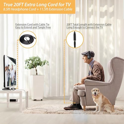 20Ft Extra Long Cord Headphones for TV with 3.5mm AUX, RCA & USB Connection | 3.5mm Wired TV Headphones with Inline Volume Control & Extension Cable, AUX, RCA & USB Input for Most TVs, Senior Friendly