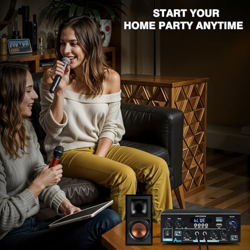 AK55 Stereo Amplifier Home Audio, Bluetooth 5.0 Max 600W Power Stereo Receivers 2.0 Channel Audio Amplifier for Speaker W/Remote Control/AUX/RCA/Echo/USB/2 MIC in for Home Party, Karaoke - size: AK55
