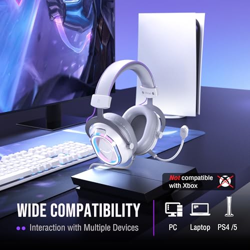 FIFINE AmpliGame H13WP USB Gaming Headset Wired, Customizable RGB Light | 50mm Drivers, Crisp 7.1 Surround, Soft Protain Leather, Detachable Mic, Game/chat Balance, for PC, Mac, PS4/5 - color: White and Purple