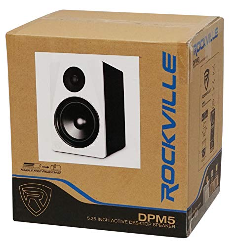 Rockville 2 DPM5W 5.25" White Powered Studio Monitors with RRS190S Pads | 150W Peak / 75W RMS Each, Class D Bi-Amped, XLR/TRS/RCA Inputs, DSP, 1" Neodymium Tweeter, 3-Angle Isolation Pads, 4-Items