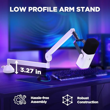 InnoGear Mic Arm Low Profile Microphone Boom Arm Mic Stand 360° Flex, White | Vibration Resistant, 3.3 lbs Weight Capacity, Extendable up to 25.6", Multiple Adapters, for Desk Thickness Within 2.75" - color: White, style: Low-profile A