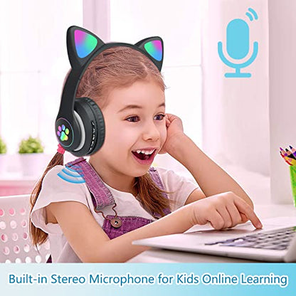 Kids Bluetooth Wireless Over-Ear Cat Ear Headphones with Microphone for Kids Teens Adults (Black) | Over Ear Headphones for Girls/Teenagers/Adults - color: Pure Black
