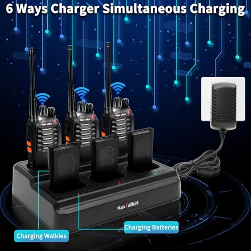 Walkie Talkies 6 Pack with Charging Base, 16 Channel Two Way Radio | Auto Squelch & VOX Hands-Free Walkie Talkies with 6-Way Charger, Rechargeable 1500mAh Li-ion Battery & Earpiece Sets