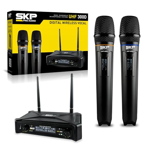 SKP Pro Audio UHF-300D Dual Wireless Microphone System – Handheld Wireless Microphones with LCD Display, 200ft Range, Clear Sound, Long Battery for Karaoke, Singing, Church & DJs