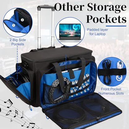 Large Rolling Dj Cable Bag with Detachable Dividers, Bottom Pad | Dj Bag for Equipment and Accessories with Laptop and Microphone Pocket, Dj Gig Bag for Musician, Professional, Travel, Blue - color: Blue, style: Rolling Dj Cable Bag