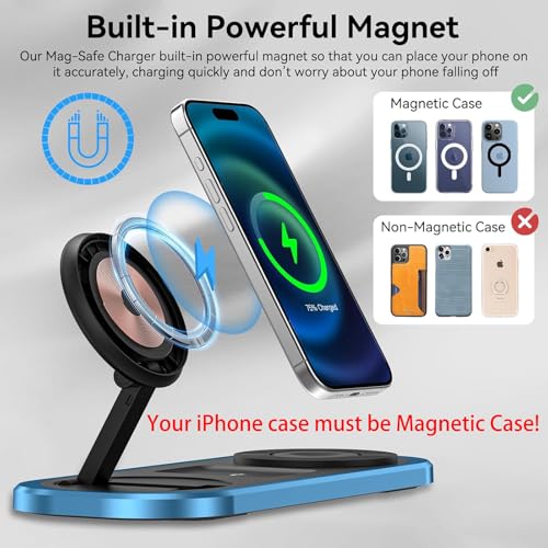 3 in 1 Fast Wireless Charger Stand for iPhone, Foldable Travel Charging Station for Magsafe for iPhone 17/Air/16/15/14/13/12 Series, Apple Watch Series, AirPods pro/2/3/4, 2025 Christ mas Gifts (Blue) - color: Blue