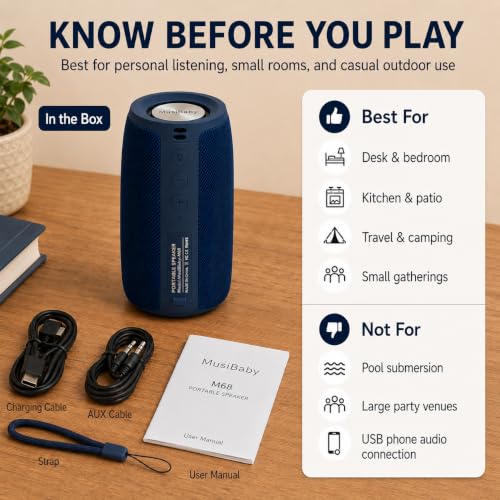 Musibaby M68 Bluetooth Speaker, 12W, IPX5, 24H Playtime, Dark Blue | Portable, small and compact with USB playback, AUX input, FM radio, TF card playback, up to 24H and dual pairing. - color: Dark Blue