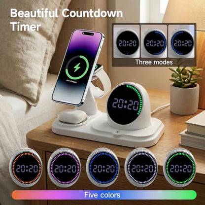 6‑in‑1 Wireless Charging Station with 30W Adapter, Blue-Tooth Speaker, Auto‑Sync Clock & RGB Night Light, Compatible with iPhone 12‑17/AirPods/Apple Watch and Select Android (Qi + Magnetic Required) - color: White