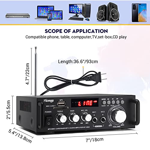 Facmogu 298A 2채널 블루투스 5.0 오디오 앰프 300W 무선 앰프 | FM, AUX, USB, SD, 마이크 입력이 있는 스테레오 수신기 | 트레블 및 베이스 포함 | 홈 시어터 스피커, 노래방, 차고용 - style: 최대 300Wx2