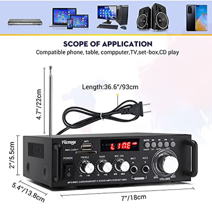 Facmogu 298A 2채널 블루투스 5.0 오디오 앰프 300W 무선 앰프 | FM, AUX, USB, SD, 마이크 입력이 있는 스테레오 수신기 | 트레블 및 베이스 포함 | 홈 시어터 스피커, 노래방, 차고용 - style: 최대 300Wx2