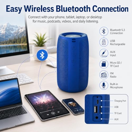 Musibaby M68 Portable Wireless Speaker, 24H Playtime, Blue | Portable, small and compact with USB playback, AUX input, FM radio, TF card playback, up to 24H and dual pairing. - color: Blue