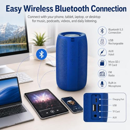 Musibaby M68 Portable Wireless Speaker, 24H Playtime, Blue | Portable, small and compact with USB playback, AUX input, FM radio, TF card playback, up to 24H and dual pairing. - color: Blue