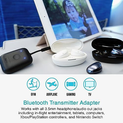 MEE Audio Connect Air in-Flight Bluetooth Wireless Audio Transmitter Adapter for up to 2 AirPods/Other Headphones; Works with All 3.5mm Aux Jacks on Airplanes, Gym Equipment, TVs, & Gaming Consoles - color: Black, style: Connect Air
