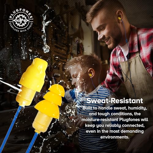 Plugfones Guardian Earplug Headphones - OSHA Approved Noise Isolating in-Ear Earbuds with Hearing Protection - Wired Hybrid for Work and Travel - Includes Silicone and Foam Earplugs - Blue & Yellow - color: Blue
