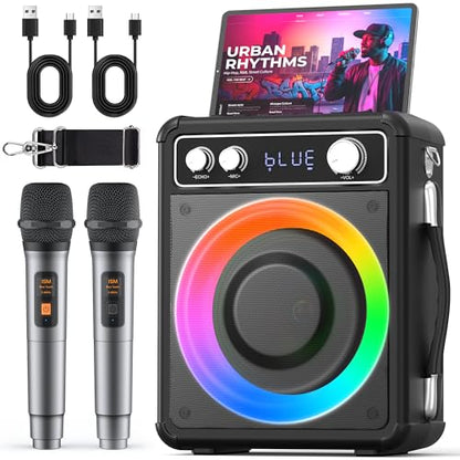VOSOCO Karaoke Machine, Bluetooth Speaker with 2 Wireless Mics for Adults | 2026 Portable PA System with LED Light, Supports TWS Echo Adjustment TF USB AUX Inputs for Birthday Home Party Outdoor Travel - size: T03-2 MICS