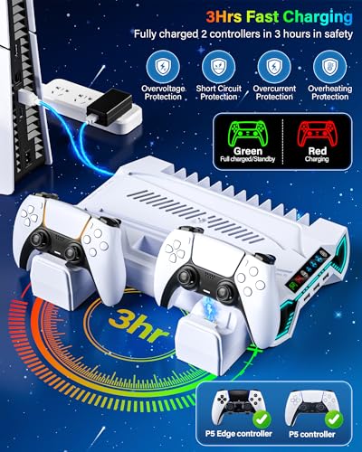 Cooling Station with Controller Charging Station for PS5/Slim/Pro Console | Cooling stand and Controller Charger Accessories for Playstation 5 - LED Light, Turbo Fan, Headset Holder, 3 USB Hub, White - color: White