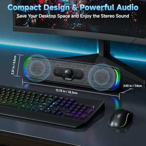 SOULION Computer Speakers, Wired USB Powered Bluetooth Sound bar for PC | USB Powered, Plug-N-Play, Rotary Control, 4 Dynamic Light Modes for Desktop Laptop Monitor Office Work Music