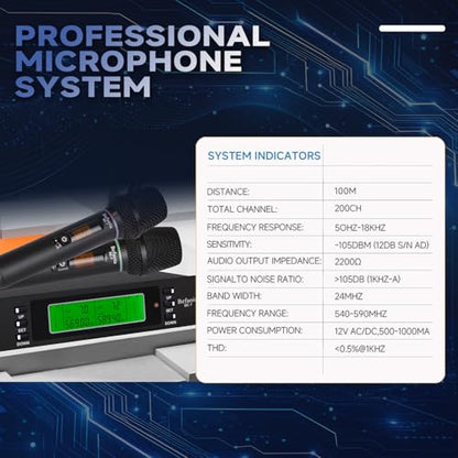 Rechargeable Dual Wireless Microphones System, Professional UHF 2X100 Channel Metal Wireless Microphone for Singing, Dj, Church, Karaoke, Handheld Vocal Dynamic Cordless Mic Long Range 300Ft