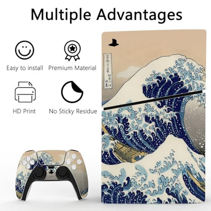 PlayVital Full Set Skin Sticker for ps5 Slim Console Disc Edition (The New Smaller Design), Vinyl Skin Decal Cover for ps5 Controller & Headset & Charging Station & Media Remote - The Great Wave - color: The Great Wave