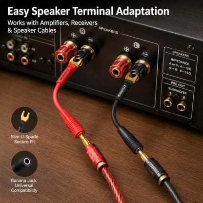 Spade to Banana Plug Cable 4-Pack 24K Gold OFC | 8-Inch, 13AWG, 24K Gold-Plated, OFC Pure Copper, 45-Degree Angled, Color-Coded, Amplifier, AV Receiver, Home Theater