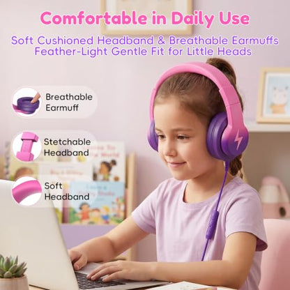Candy Bila Wired Kids Headphones for School, Over-Ear for Boys Girls | Volume Limiter 85/94dB, HD Stereo Sound, Microphone and Wired Control,Foldable Design, Deep Purple and Pink - color: Deep Purple and Pink