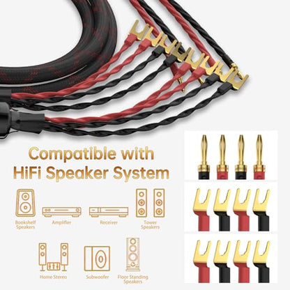 Tertullus 1 Pair Biwire Speaker Cable 8 Spade Plugs 4 Gold Plated Banana Plugs (2.5m/8.20ft) - size: 8.20 ft