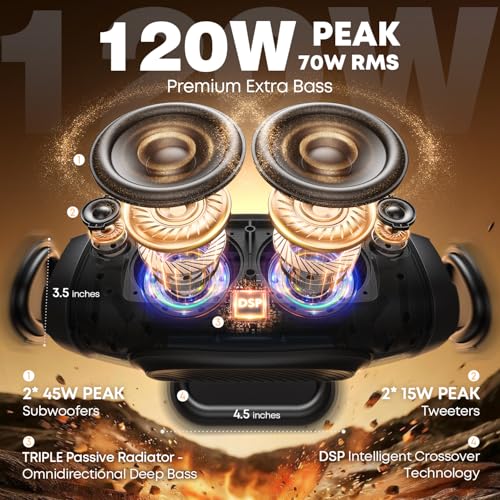 W-KING Bluetooth Speaker, 120W Peak IPX6 Outdoor Loud Portable Speakers