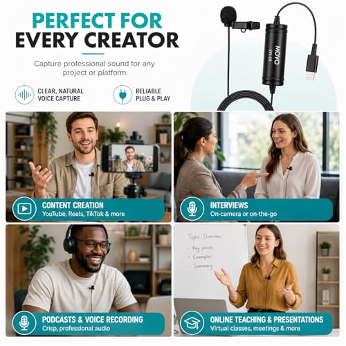 Movo LV1-DI Lavalier Microphone for iPhone & iPad – MFi Certified Lightning Clip-On Mic – 20ft Cable – for YouTube, TikTok, Podcasts, Interviews & Vlogging