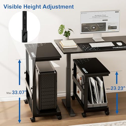 Height Adjustable Computer Tower Stand, 2-Tier ATX-Case CPU Holder with Mouse Pad & Headphone Stand, Mobile PC Standing Under Desk, Home Office Gaming Accessories, Computer Cart Wheels, Black - color: Black