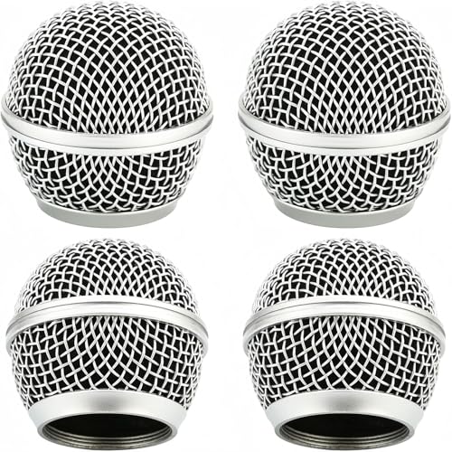 4 PCS Replacement Grilles for Shure Wired and Wireless SM58, Beta58A, SV100 Microphones, Microphone Grille Ball with Inner Foam, Steel Mesh Microphone Grille Head - Silver