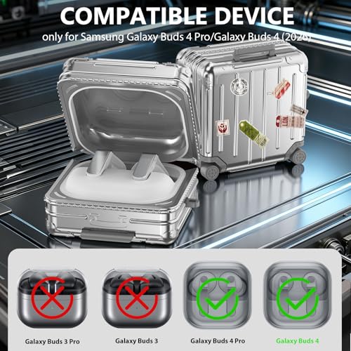 KOREDA Compatible with Samsung Galaxy Buds 4 Case/Buds 4 Pro Case Cover, Cute Funny Suitcase Design Case for Galaxy Buds 4 Pro, Fashion Protective Hard Case for Women Men with Keychain (Silver) - color: Silver