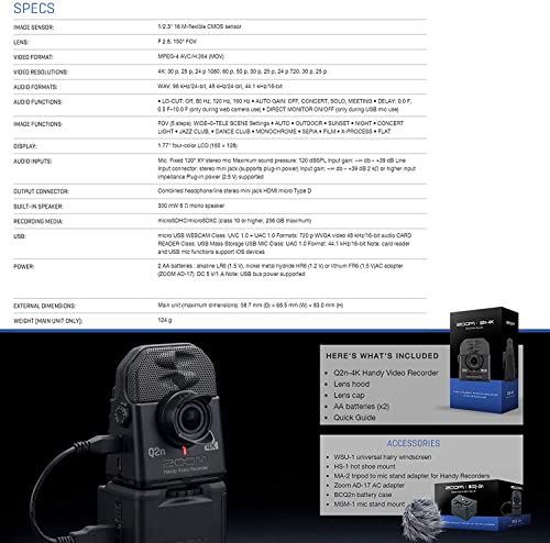 Zoom Q2n-4K Ultra High Definition Handy Video Recorder with Table Tripod Hand Grip, and SanDisk 128GB Extreme microSDXC Card and Energizer Premium Max AA Batteries
