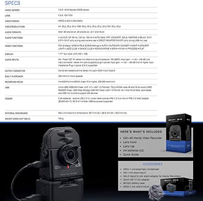 Zoom Q2n-4K Ultra High Definition Handy Video Recorder with Table Tripod Hand Grip, and SanDisk 128GB Extreme microSDXC Card and Energizer Premium Max AA Batteries