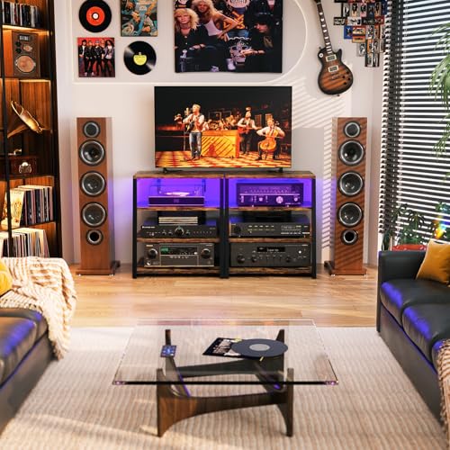 Besiost AV Media Stand with Outlets, Media Console with LED Lights, Stereo Racks and Stands with Storage Shelves, Media Audio Tower Cabinet, Rustic Brown - color: Rustic