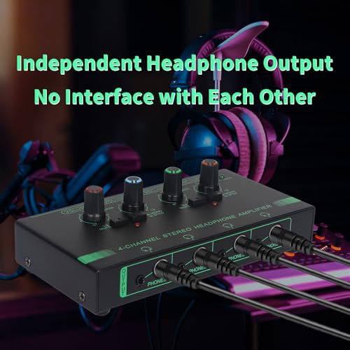 Horse Headphone Amp Amplifier, 4-Channel Metal Stereo Audio Amplifier, Mini Earphone Splitter, 1/4" 1/8" TRS/TS Audio Input and Output for Music Studio, DC 12V(Green&Black) - color: Green&Black(4-Channel)