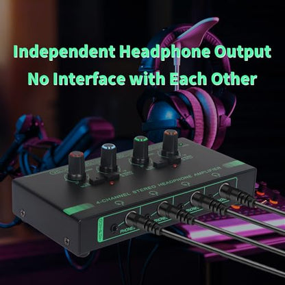 Horse Headphone Amp Amplifier, 4-Channel Metal Stereo Audio Amplifier, Mini Earphone Splitter, 1/4" 1/8" TRS/TS Audio Input and Output for Music Studio, DC 12V(Green&Black) - color: Green&Black(4-Channel)