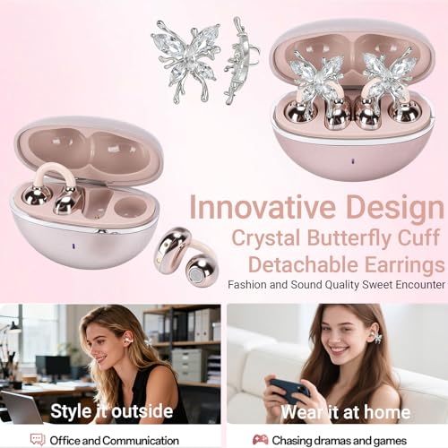 2026 New Jewelry-Inspired Clip-On Earbuds with Detachable Sparkle Butterfly Earrings, Bluetooth 6.0, Cute Wireless Headphones for Women, 50H Playtime, Low Latency, Sports & Workouts (Rose Gold) - color: Rose Gold